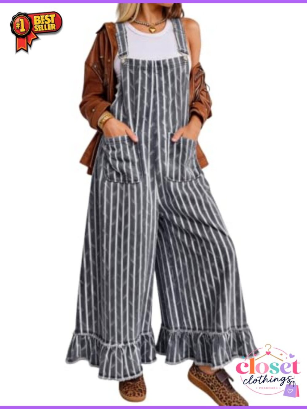 Womens Distressed Striped Denim Overalls Boyfriend Y2K Wide Leg Ruffle
